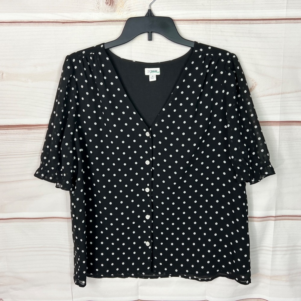 J Crew‎ Top Womens M Black Polka Dot Blouse Chiffon Button Up V-Neck Puff Sleeve